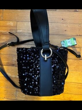 Badgley Misckha Black Sequin Crossbody Bucket Bag
